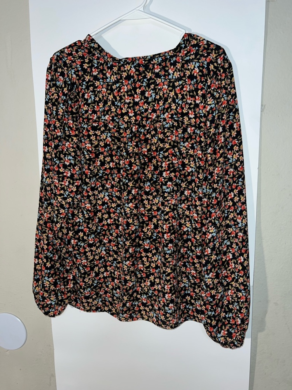 LOFT Black Floral Button-Front Long-Sleeve Blouse with Red, Blue & Cream Flowers - Picture 4 of 4